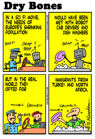 Europe,  Population, Islamists, Eurabia, robots, sci fi, North Africa, Immigrants,  : Dry Bones cartoon.