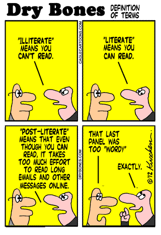 email,  illiterate, literate, Texting,  : Dry Bones cartoon.
